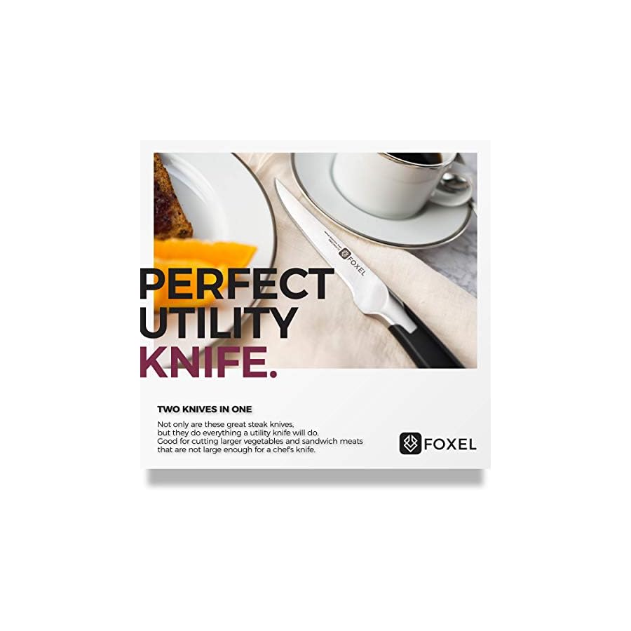 FOXEL-Best-Steak-Knives-Knife-Set-of-4-8-or-12-Non-Serrated-Straight-Edge-Blade-Razor-Sharp-Rust-Resistant-Japanese-VG10-Steel-Gift-Box-Set-Hand-Wash-Only FOXEL Best Steak Knives Knife Set of 4, 8, or 12 - Non Serrated Straight Edge Blade Razor Sharp - Rust Resistant Japanese VG10 Steel - Gift Box Set - Hand Wash Only