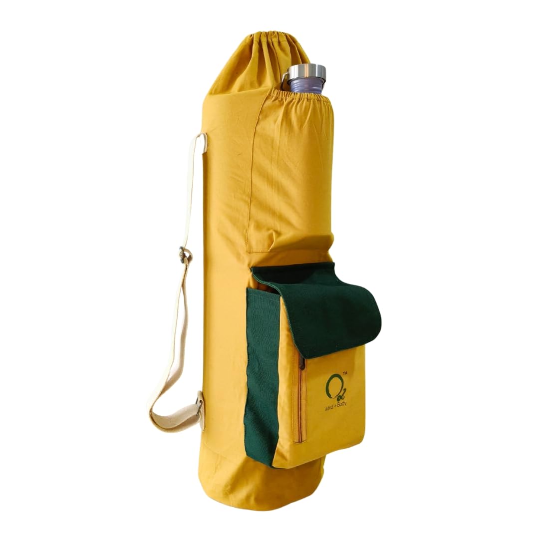 O2 Yoga Mat Bag, 3 Pocket Block Style | Space for Yoga Block, Bottle, Zipper Pocket for valuables, Adjustable Double Straps, Yellow and Green Cotton Canvas | Yellow Mellow