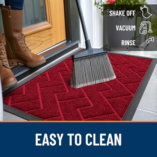 Image of OLANLY Front Door Mat Indoor Outdoor Entrance, Waterproof All-Season, All-Weather Doormat, Sturdy Natural Rubber, Low Profile, Easy Clean Patio Porch Entryway Mat, Herringbone Brick (Wine Red, 59x23)