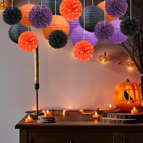 Image of 18 PCS Black Orange Purple Paper Lanterns & Tissue Paper Pom Poms for Halloween Birthday, Wedding, Hanging Paper Party Decoration Set for Indoor Outdoor Fall Celebration