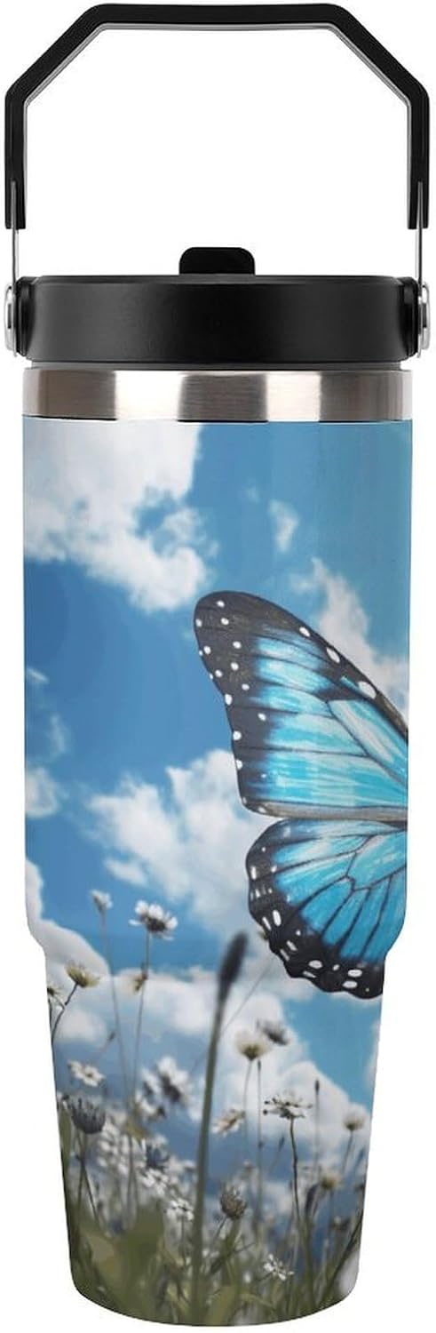 Blue Butterfly And Clouds Water Bottle 30 Oz Fits Car Cup Holder,Insulated Coffee Mug Large Capacity Car Cups,Stainless Steel Double Wall Sport Bottle for Travel Sports Gym