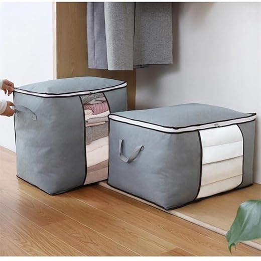 1PC Foldable Thick Fabric Clothes Storage Bags for Bedroom Closet Organization, Grey, Horizontal