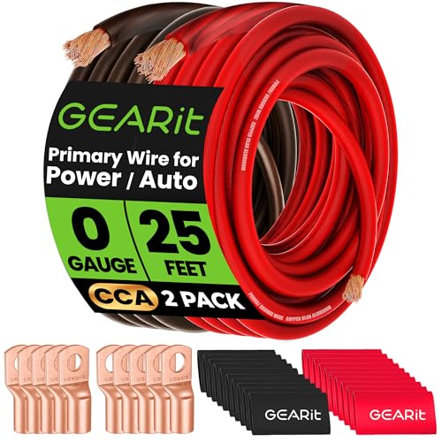 GEARit 0 Gauge Wire Kit, Amp Battery Power Cable, Black/Red 25FT Lug Kit