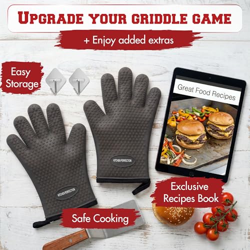 Image of KITCHEN PERFECTION Silicone Oven & Griddle Gloves -Extreme Heat Resistant BBQ & Grilling Gloves -Handle Hot Food Right on Your Griddle |Waterproof Oven Mitts Grill Gloves |Superior Set+3 Bonuses
