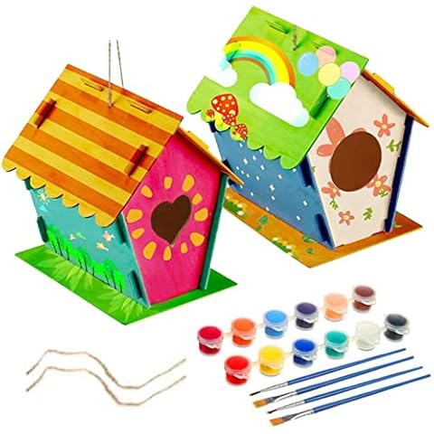 DIY Bird House Kit, 2Pack Kids DIY Wooden Birdhouse Kits Bird Houses for Outside Hanging with Paints, 4 Brushes and Strings, Wood Arts Crafts Set for Kids Cover