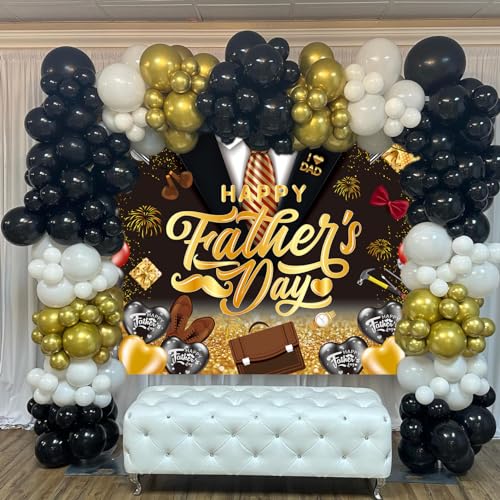 Happy Father's Day Backdrop I Love Dad Fathers Day Party Decorations 8x6FT Black and Gold Balloons Thank You Daddy Background Best Dad Ever Party Supplies Photo Props by CINRAY - Used condition - Image 3
