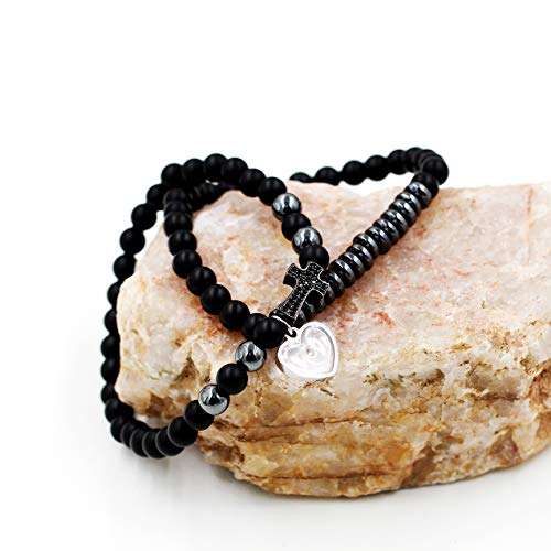 Uloveido Micro-Pave Cubic Zirconia Side Cross Natural Stone Beads Bracelet Stacking Stretch Bracelets 2Pcs Set With Mustard Seed (Black) #TOP7