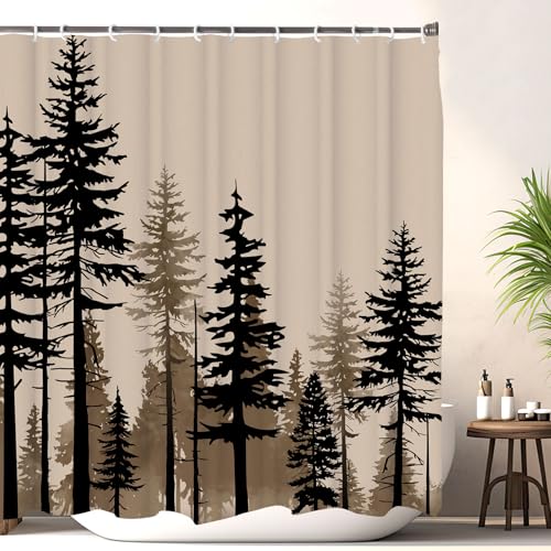 LKFBSC Farmhouse Forest Shower Curtain Pine Trees Retro Vintage Misty Woodland Fabric Shower Curtains Set Nature Cabin Cottage Rural Bathroom Curtains with Hooks Brown Black 72x72inch