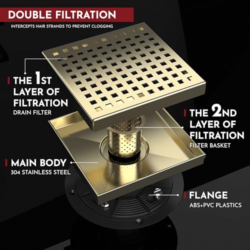 WEBANG 6 Inch Square Shower Drain Gold Floor Drain with Flange Square Holes Pattern Cover Grate Removable SUS304 Stainless Steel Watermark&CUPC Certified Brushed Gold
