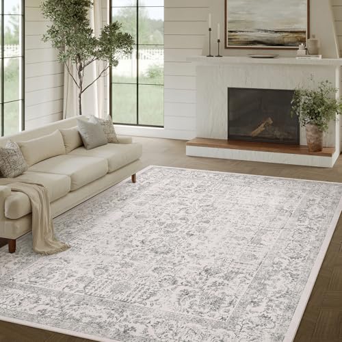Gray Area Rug 5x7 Machine Washable Vintage Living Room Distressed Non Slip Carpet Traditional Indoor Bedroom Grey Retro Floral Accent Throw Large Rug for Office Kitchen Bathroom Dining Room