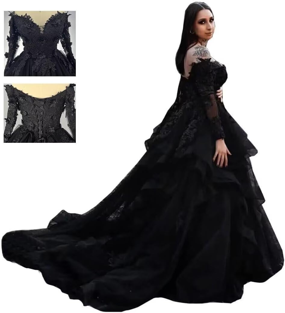 Mouccy Gothic Black Lace Wedding Dresses for Bride Beaded Long Sleeve Wedding Ball Gown with Train Layered V Neck Bridal Gown