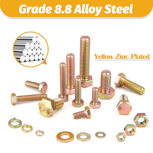 Image of Kadrick 820Pcs Grade 8.8 Metric Bolt Assortment, M6 M8 M10 Hex Heavy Duty Bolts and Nuts Kit,M6 x1.0 M8 x1.25 M10-1.5 (12mm to 45mm),Yellow Zinc Plated