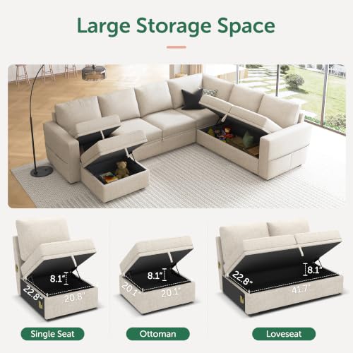 Image of HONBAY Modular Sectional Sleeper Sofa with Pull Out Bed, U Shaped Sectional Couch with Storage Ottoman, Sleeper Sectional Couches for Living Room, Beige