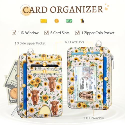 Image of Kelvoris Highland Cow Slim Wallet Women Credit Card Holder, Small RFID Cute | Keychain, Zipper Coin Pocket, Front Pocket Thin Travel Card Case, Minimalist, 6 Card Slots, 1 ID Window, Ladies Gifts Woman