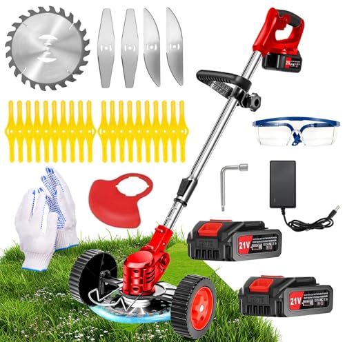 Xbzzgmg Rasentrimmer mit Akku, Akku Rasentrimmer mit 2 Akkus und 4 Messertypen Verstellbarer Freischneider, Teleskop Freischneider Akku mit Geringem Geräuschpegel für Höfe, Gärten und Gehwegkanten