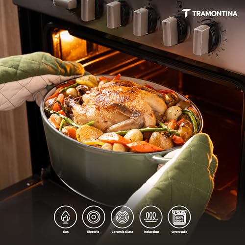 Image of TRAMONTINA Bestow Round Dutch Oven 3.3L with Lid | Enameled Cast Iron Casserole Pot & Biryani Pot | Even Heat Retention | Low Oil Healthy Cooking | No Seasoning Required | All Cooktops Compatible | Green