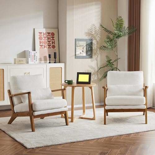 Image of Mid-Century Accent Relax Chair - Wide Armrest Lounge Chair with Linen Fabric with Lumbar Pillow (White, 28.3 x 31.5 x 29.5 INCH)