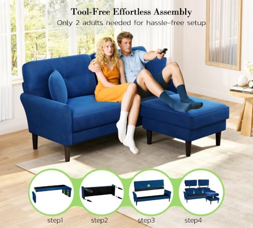 Image of Kidirect Small Sectional Couch, 69 inch L Shaped Couch, Sectional Sofa, Blue | Comfy Velvet Couch, Tool-Free Setup, 750lb Max Load, Movable Ottoman, Ideal for Living Room, Bedroom, Apartment, Office