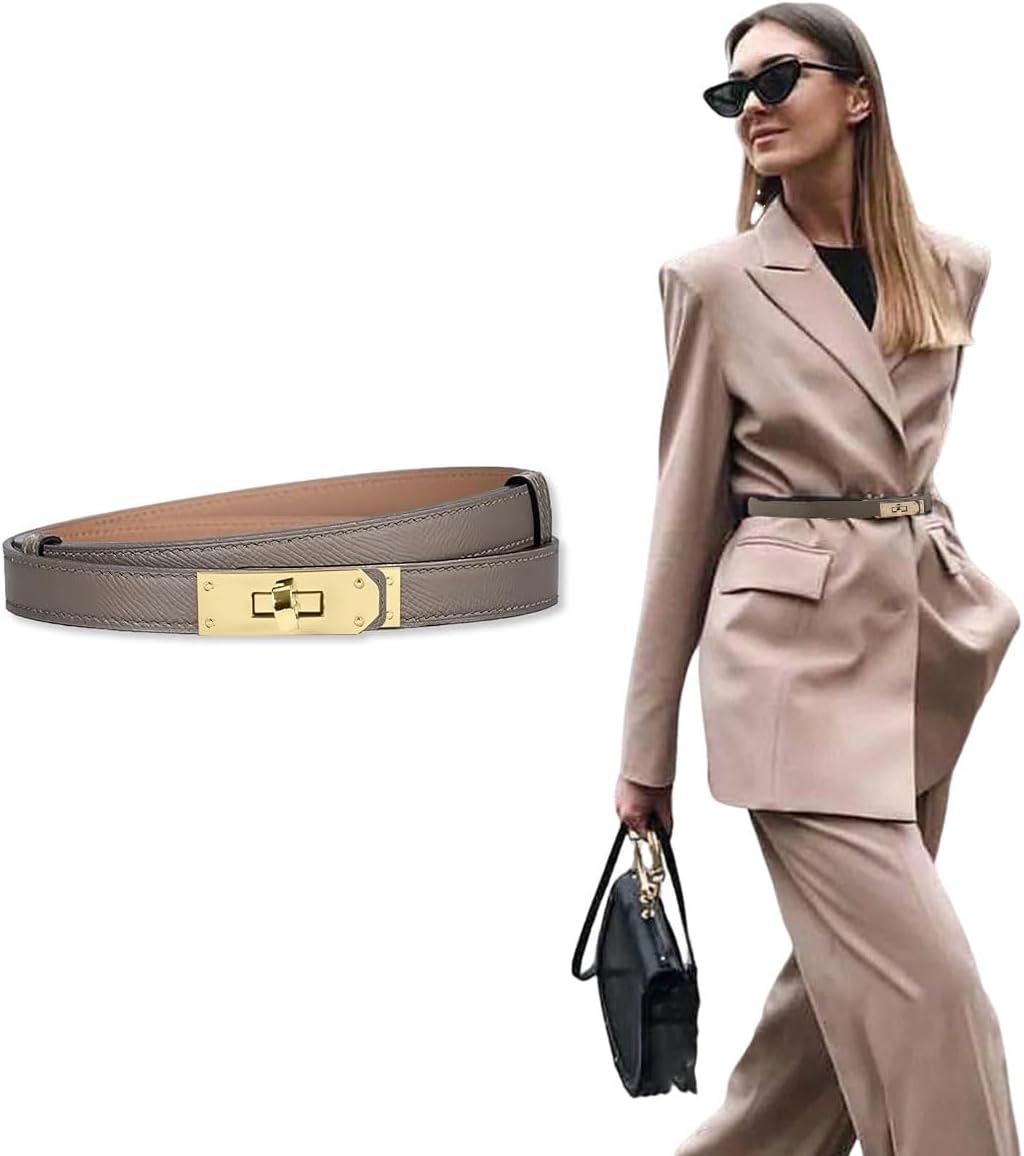 Goodern Women's Belt,Classic Ladies Skinny Belts Jeans Belt Buckle Dresses Thin Waist Belt,Vintage Alloy Adjustable Leather Belt Thin Waist Belt Decorative for Dress Jeans Trousers Overcoat-Grey