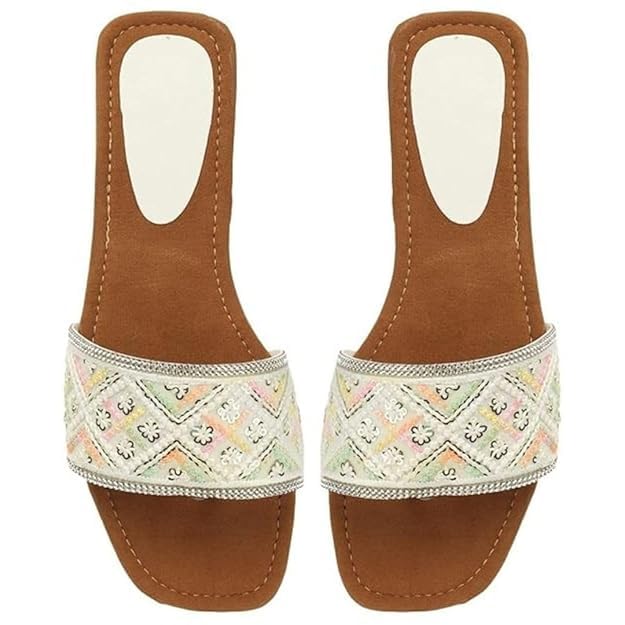 Women's Beautiful Embroidered Suede Design PVC Sole Open Back Flats Slippers-image-11