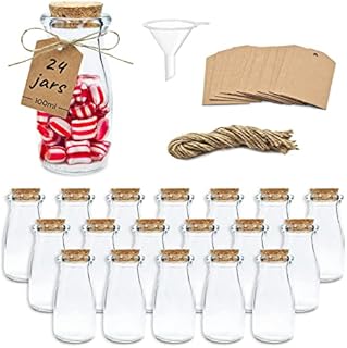 Mini Glass Jars (100ml or 3.4oz) Glass Bottles with Cork Lids, Wedding Glass Jars, Party Favours and Celebrations, (Set of 24) Glass Cork Bottles with Cork Tops, Funnel and Labels with Twine