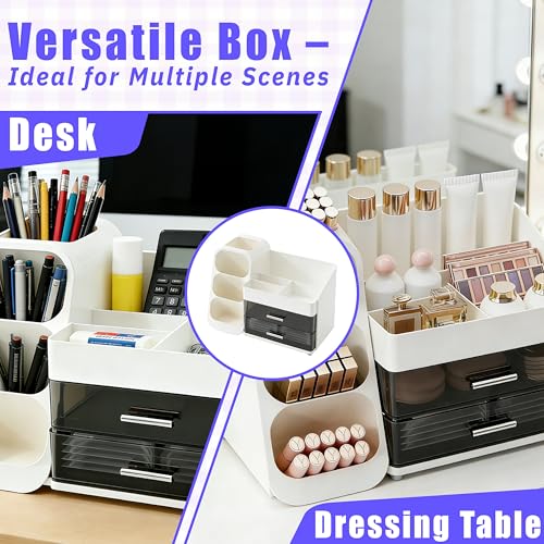 HuaCommerce Großer Makeup Kosmetik Organizer mit Schubladen – 3-in-1 Aufbewahrungsbox für Pinsel & Kosmetik, stylischer weißer Aufbewahrungskasten für Ordnung und Stauraum auf dem Schminktisch