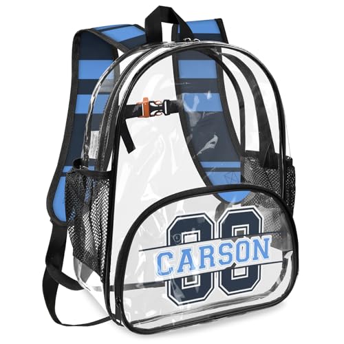 Personalized Clear Backpack with Name, Custom Heavy Duty PVC Transparent Backpack,Sports Number See Through Back Pack with Reinforced Strap for Stadium Approved Events Blue