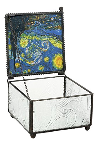 Ebros Vincent Van Gogh Starry Night Stained Art Glass Decorative Box With Metal Frame 4"X4" Museum Of Modern Art Trinket Jewelry Box Post Impressionist Art Saint Remy De Provence Window View #TOP4