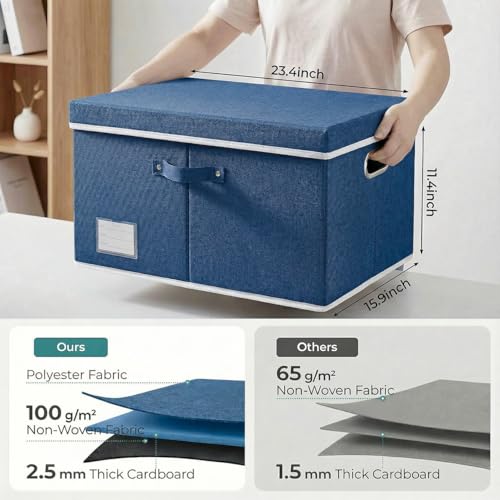 Image of PRANDOM Storage Bins with Lids [3-Pack] Linen Fabric Foldable Storage Boxes Organizer Containers Baskets Cube with Cover for Bedroom Closet Office Royal Blue(23.4X15.9X11.4)