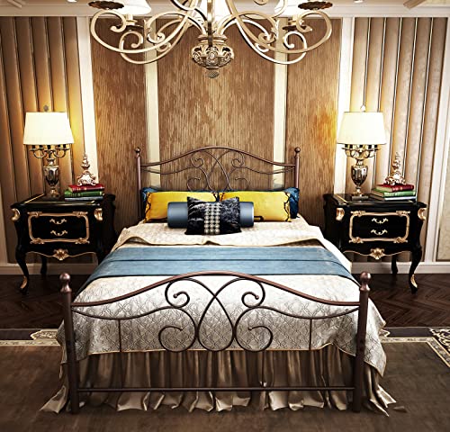 Tuseer Metal Bed Frame Queen Size With Vintage Headboard And Footboard Platform Base Wrought Iron Double Bed Frame (Full, Antique Brown). #TOP2