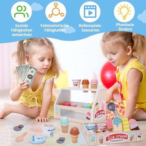 Eisdiele Kinder Holz, Kinderküche Zubehör ab 3 Jahre, Holzspielzeug Spielküche Zubehör, Eisladen Kinder Holz Einkaufsladen, Montessori Spielzeug Weihnachten Kinderspielzeug für Jungen Mädchen