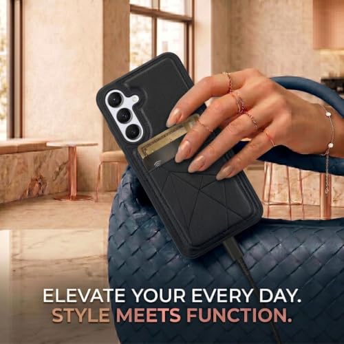 Image of amazon basics Premium Vegan Leather Back Cover with Card Holder and Integrated Mobile Stand for Samsung Galaxy S25FE 5G - Slim Shockproof Wallet Case with Geometric Stitching [Black]