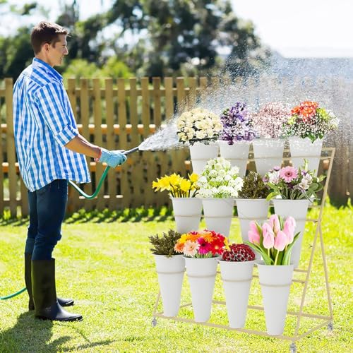 Chariot à plantes mobile robuste en fer forgé avec 12 seaux pour extérieur