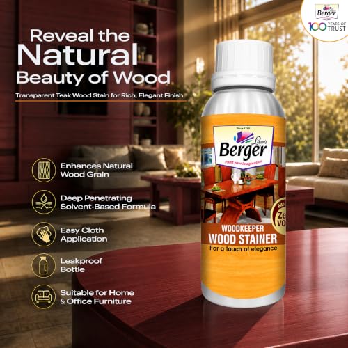 Image of BERGER Wood Keeper Red Brown Wood Stain with Leakproof Bottle & Easy Cloth Application Transparent Solvent-Based Stainer for Home Office Furniture Surfaces Shine and Finish (Pack of 1, 100ML)