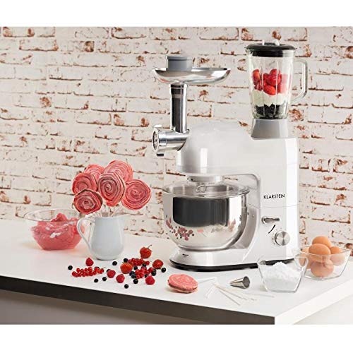 KLARSTEIN Lucia Bianca • Multifunction Stand Mixer • Kitchen Machine • 1300 Watts • 5.3 qt Bowl • 1.3 qt Mixing Glass • Meat Grinder • Pasta Maker • Blender • Adjustable Speed • White