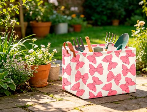 Image of CLOCOR Rectangular Gift Basket Empty,Waterproof Storage Basket with Handles,Books Box,Room Decor(Pink Bowknot)