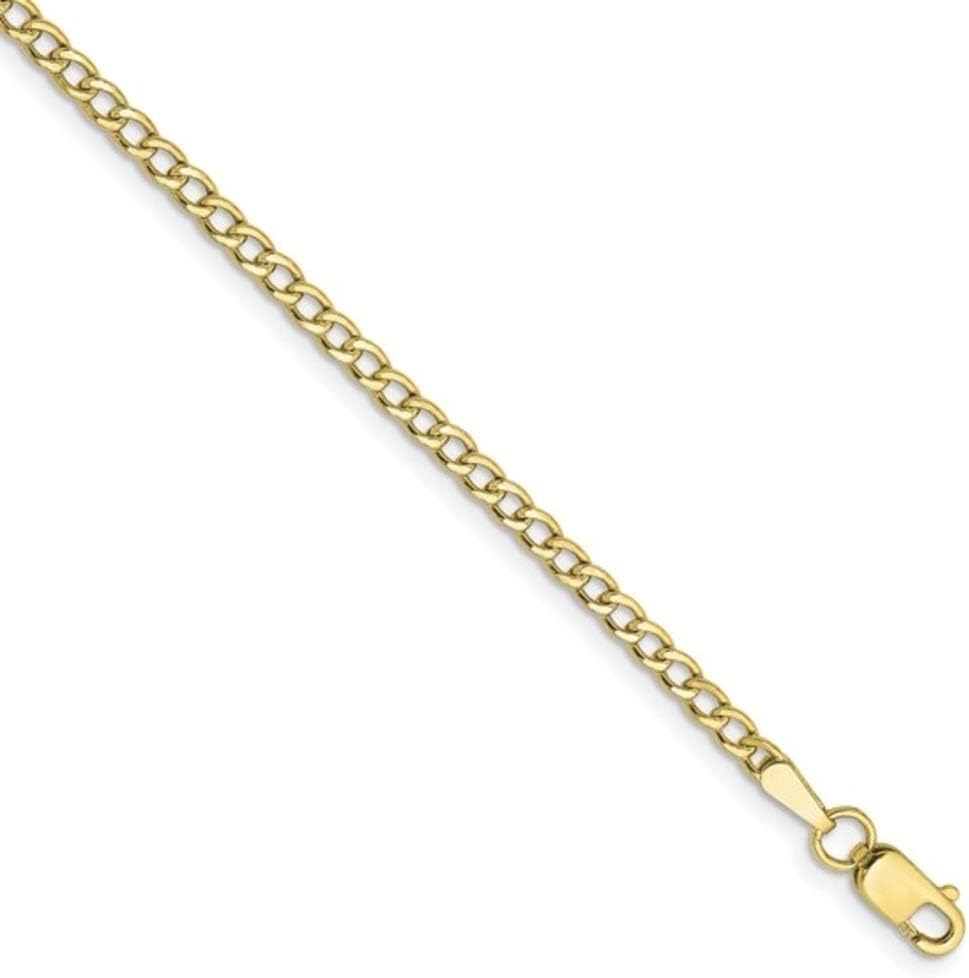 Real 10kt Yellow Gold 2.5mm Semi-Solid Curb Link Chain Anklet; 9 inch; Lobster Clasp