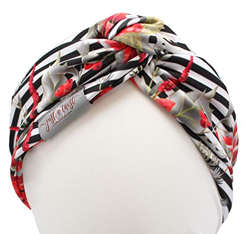 Twist Front Turban Headband With Wire (Black White Stripe Red Xmas Flowers)