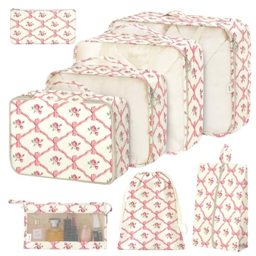 Image of 8 Set Packing Cubes for Suitcases,Packing Cubes with Shoe Bag, Cosmetics Bag, Clothing Bag, Accessories Bags Packing Cubes for Travel Luggage Organizer Women Men(Bow Flowers)