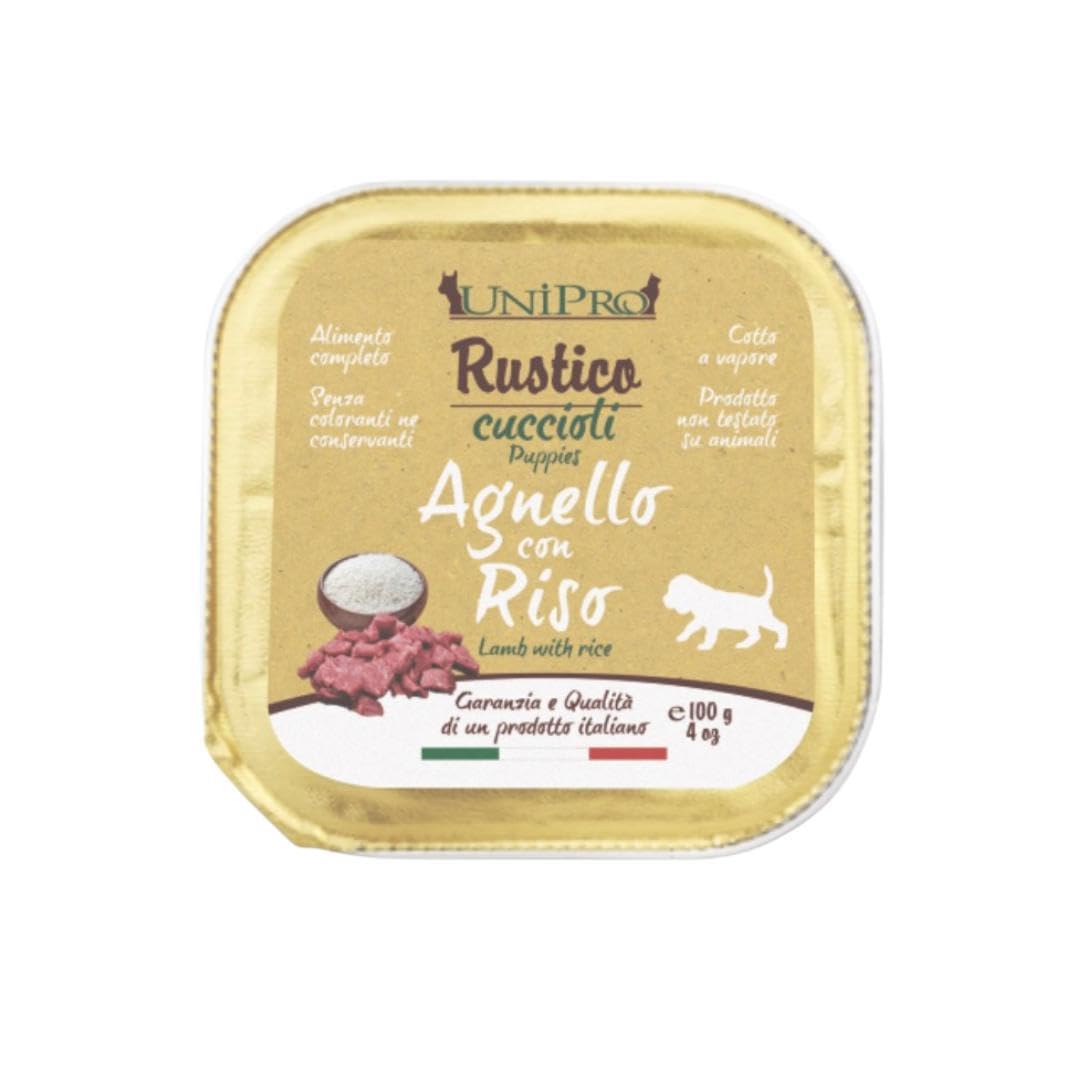 Húmedo perro rústico, alimento completo para perros cachorros de todos los tamaños y razas, altamente digerible, sabor cordero con arroz, 12 bandejas de 100 gramos cada una.