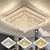 Miuyhji Elegant LED Gold Crystal Raindrop Ceiling Light,24 Inch Square Flush Mount Chandelier with Remote for Living Room Kitchen Island Bedroom Hallway Entryway Foyer (Dimmable)