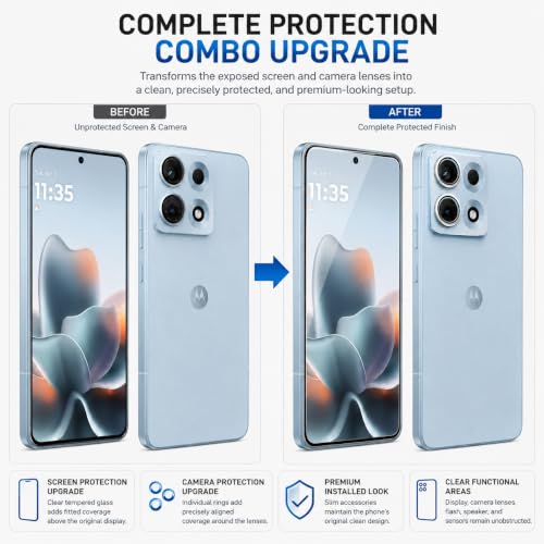 Image of ArmourPro Edge to Edge Tempered Glass for Motorola Edge 70 Max with Blue Camera Ring Guard, 9H Screen Protector, Anti-Scratch, Anti-Fingerprint, Bubble-Free Installation Kit