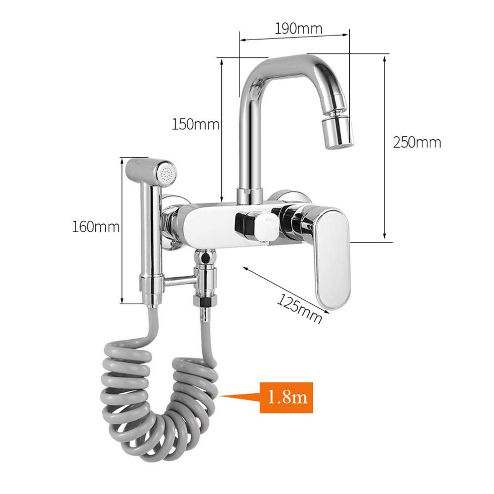Giratorio de Grifo de Cocina de Pared, Fregadero de Cocina Lavadero Latón Cromado en Pared con Ducha Grifo de Agua Frío y Caliente-Cromo