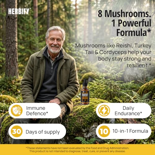 Image of Mushroom Supplement - Lions Mane Reishi Cordyceps Chaga Turkey Tail Inulin & More Mushrooms For Immune Support, Energy - Premium Nootropic Brain Supplements For Memory And Focus - Made in USA 2 FL Oz