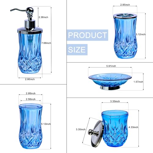 Bathroom Accessories Set,5 Pcs Blue Glass Bathroom Accessory Set,Complete Lotion Soap Dispenser,Toothbrush Holder,Soap Dish,Tumbler & Jar,Modern Bathroom Decor Sets,Gift for Home Apartment,Round - Image 4