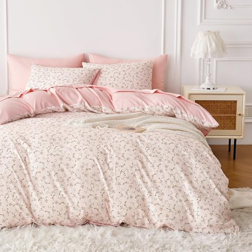 Image of Wake In Cloud - Floral Comforter Set, Coquette Cottagecore Aesthetic Cute Flower Pattern for Women Teen Girls, Soft Lightweight Dorm Bedding, 3 Pieces, Dusty Pink, Queen Size