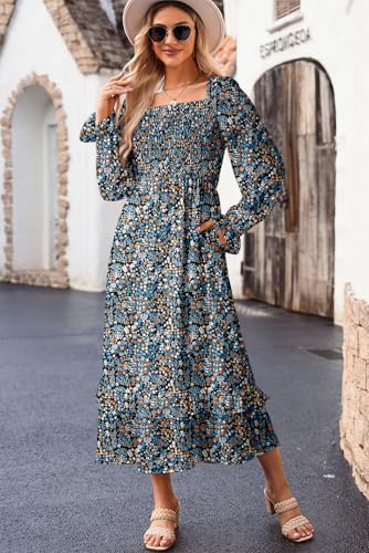 Image of Dokotoo Boho Dresses for Women 2025 Casual Floral Square Neck Long Sleeve Smocked Elastic Waist Tiered Ruffle Hem Maxi Dress