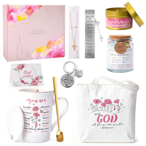 Christian Gifts for Women, 11PCS Spiritual Religious Gift Set with Canvas Tote Bags, Bible Verse Jar & Bookmark, Coffee Mug, Cross Necklace, Nice Christmas Birthday Gifts for Her, Christians, Catholic