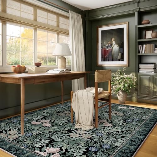 Image of Washable Area Rugs 5x7 Black Green Vintage Floral Botanical Pattern,Perfect for Living Room, Bedroom, Kids Room, Nursery - Stain & Water Resistant Non-Slip, Pet & Child Friendly /Bedroom Decor