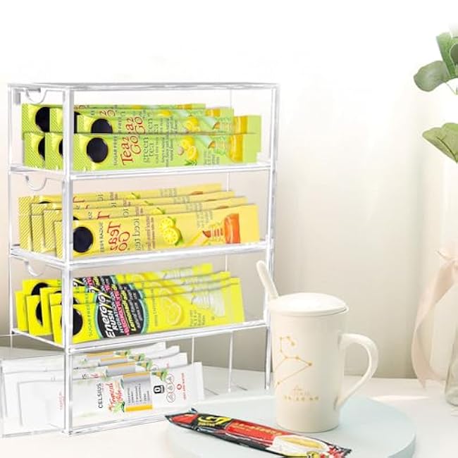 2 Pack Drink Packet Organizer, Acrylic Drink Mix Holder with 4 Clear Drawers Water Flavor Packets Container for Kitchen Pantry Home Organization (2 Pack)